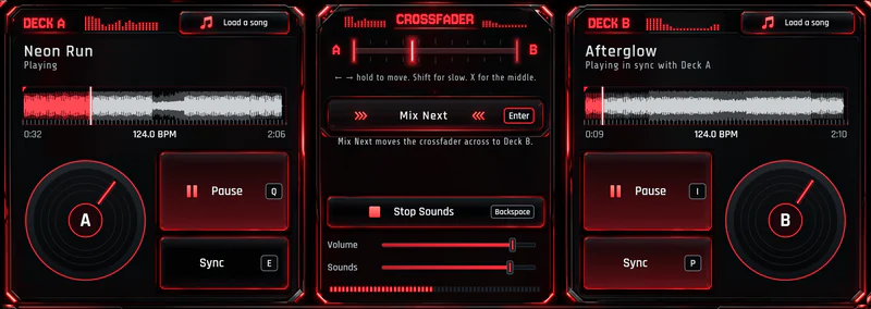 Both decks playing in PixelDJ, Neon Run on Deck A and Afterglow in time with it on Deck B, with the crossfader between them