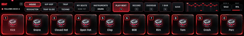 PixelDJ's pads showing the drum kit, Kick to Perc, with the beat row above them