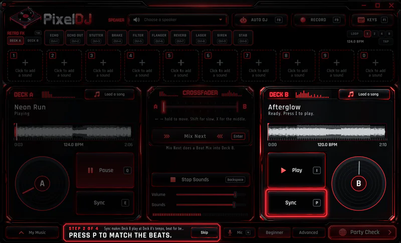 First Mix in PixelDJ, the console dimmed except the control for this step. Press P to match the beats.