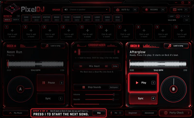 First Mix in PixelDJ, the console dimmed except the control for this step. Press I to start the next song.