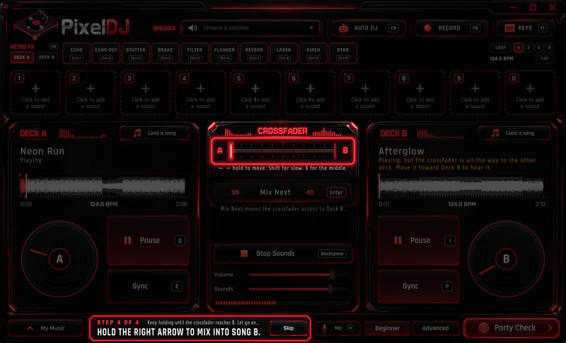 First Mix in PixelDJ, the console dimmed except the control for this step. Hold the right arrow to mix into song B.