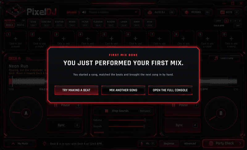 PixelDJ saying You just performed your first mix, with Try Making a Beat, Mix Another Song and Open the Full Console