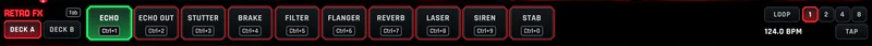 The Retro FX row in PixelDJ with Echo lit on Deck A