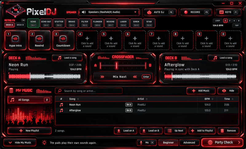 My Music open under the decks in PixelDJ, with All Songs listing Neon Run and Afterglow