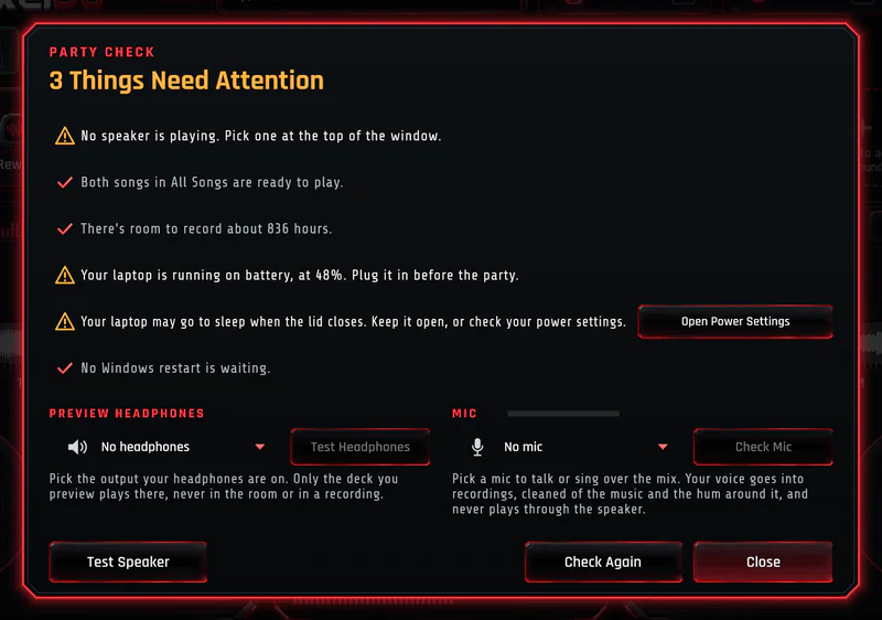 Party Check in PixelDJ listing three things that need attention, with buttons to test the speaker and check again