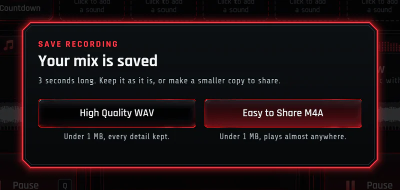 PixelDJ saying your mix is saved, with High Quality WAV and Easy to Share M4A to pick from