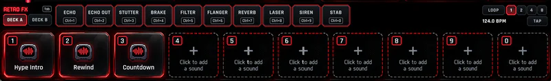 PixelDJ's ten pads, three with sounds added from the computer and seven saying Click to add a sound