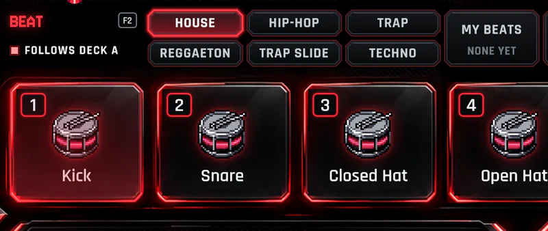PixelDJ's beat row with House chosen, over the Kick, Snare, Closed Hat and Open Hat pads