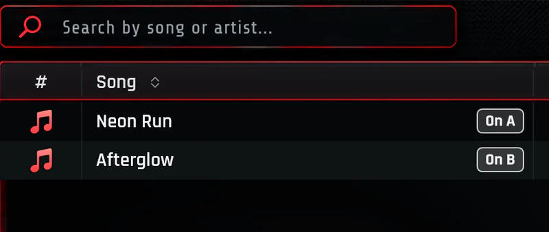 PixelDJ's song list, with Neon Run on Deck A and Afterglow on Deck B